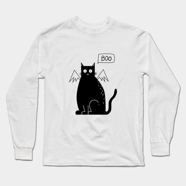 Cute Black Cat - Halloween Costume spooky kitty Bat wings Black White Long Sleeve T-Shirt by marlenecanto